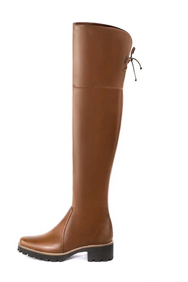 Caramel brown women's leather thigh-high boots. Round toe. Low rubber soles. Made to measure. Profile view - Florence KOOIJMAN